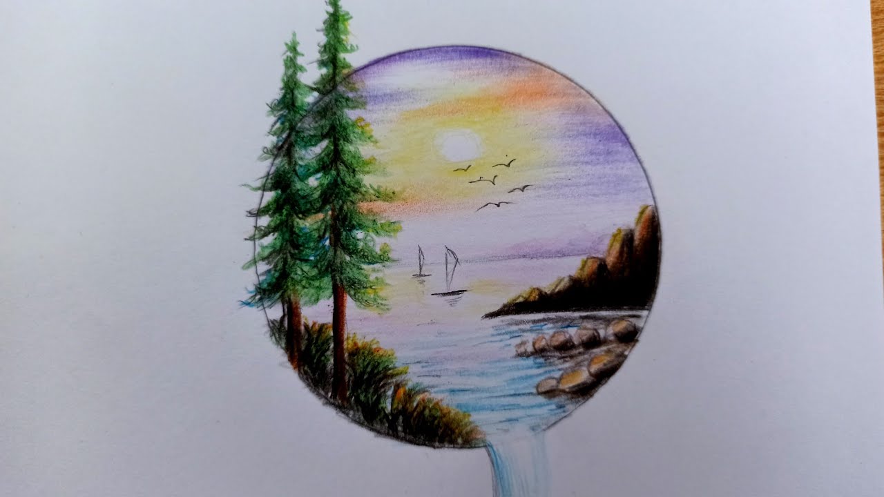 رسم منظر طبيعي سهل|تعلم رسم منظر طبيعي بالالوان الخشبية