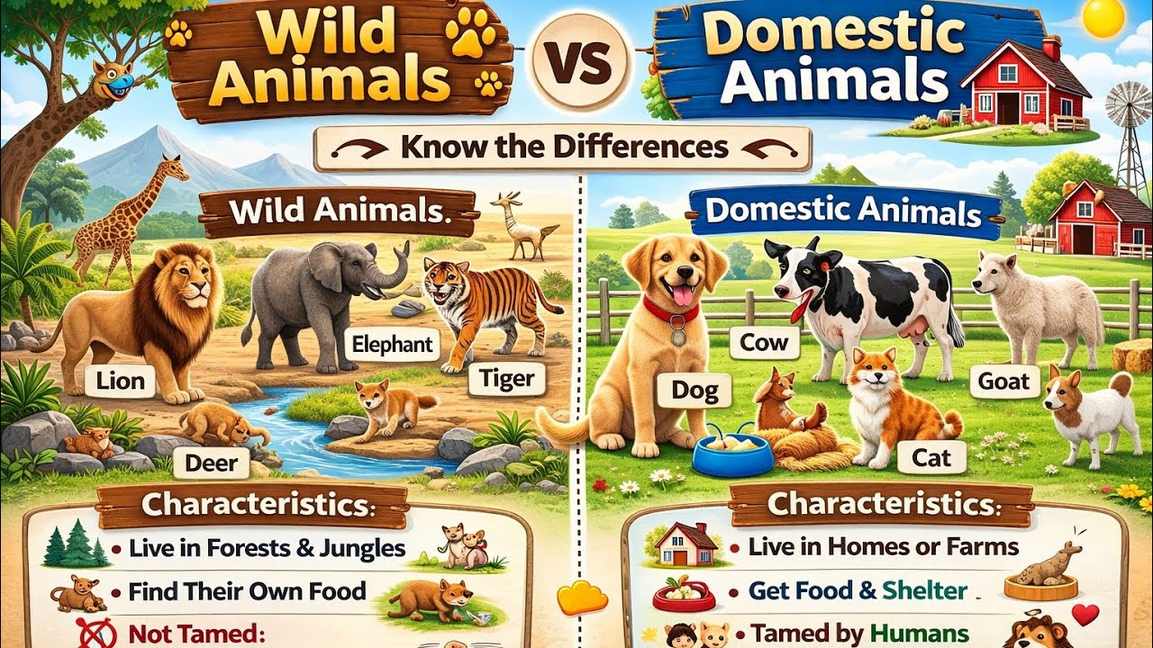 Wild Animals and Domestic Animals for Kids | Know the Differences 