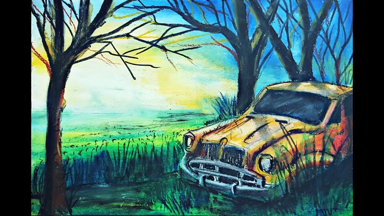 Drawing a Landscape of Broken Old Classic Car in the Morning Sunrise with oil pastel step by step