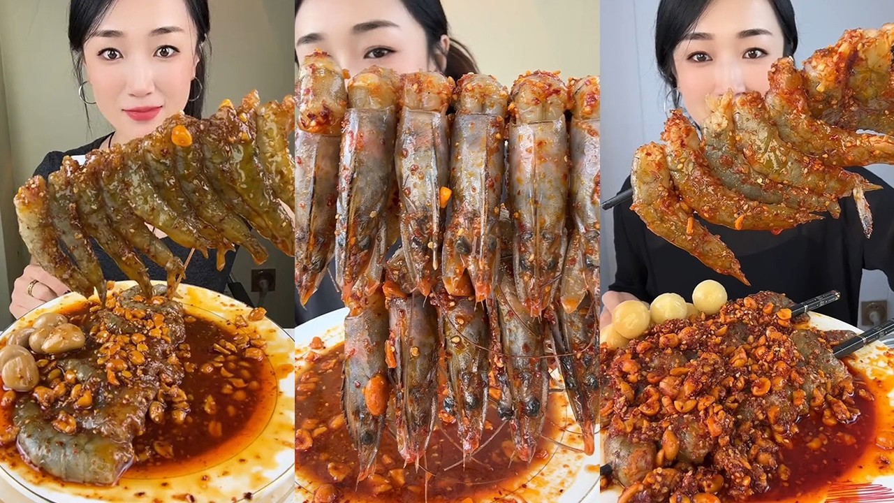 【Yummy】Spicy sauce shrimp + spicy sauce skewered shrimp🦐🍋🧄🌶🥜#mukbang#asmr#Seafood
