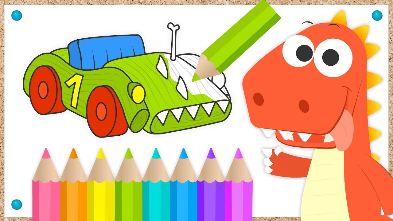 Aprende a colorear un coche de carreras con Eddie | EDDIE el dinosaurio travieso colorea un coche