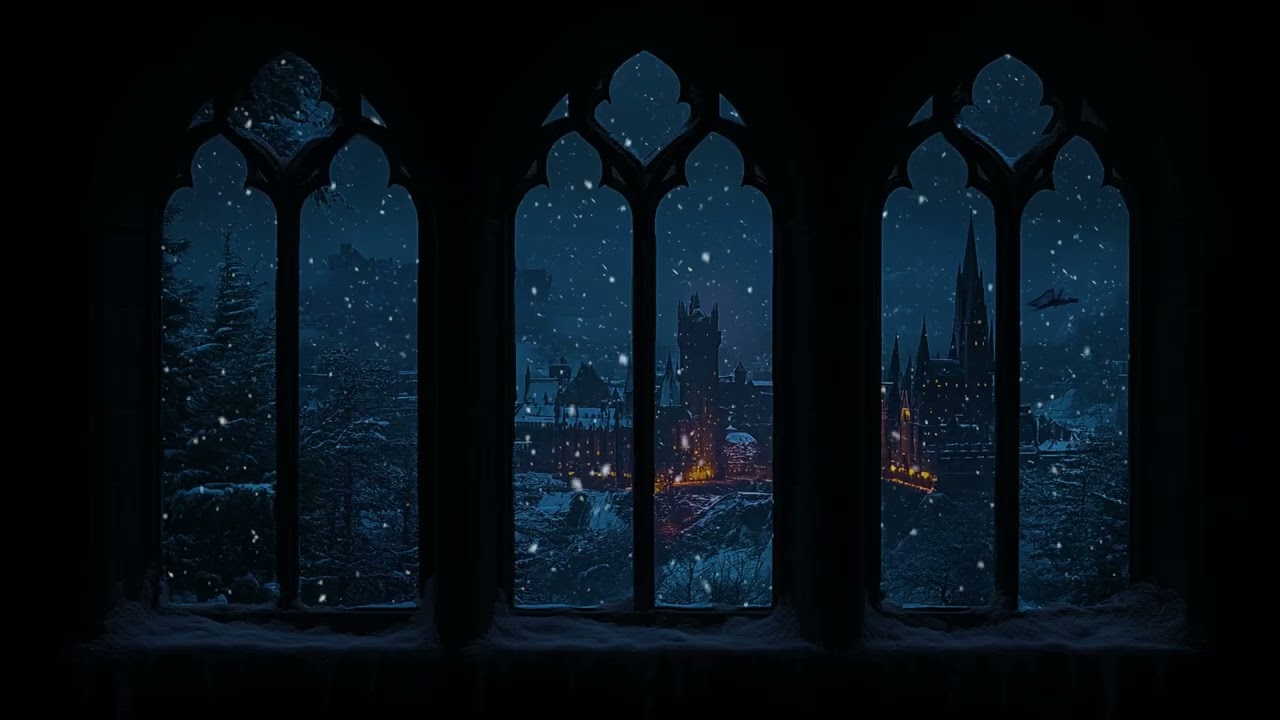 Hogwarts Winter Castle Window Scene | Soft Snowfall Ambience and Gentle Wind Sounds for Sleep