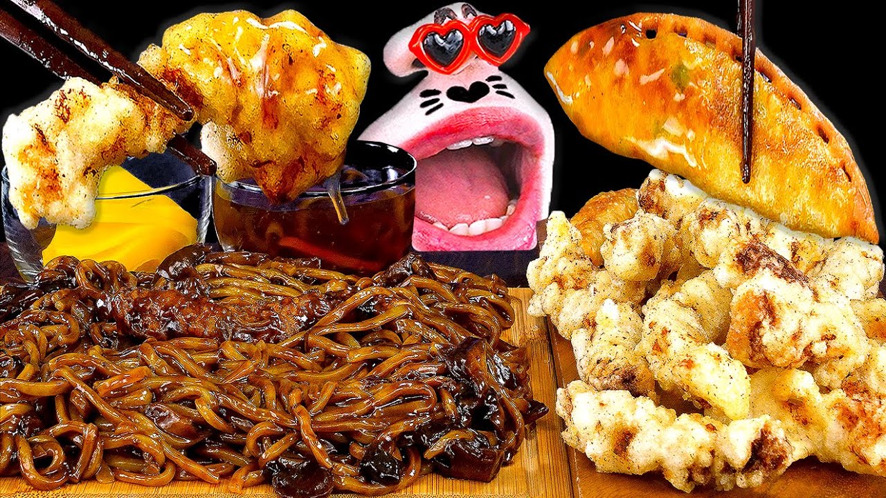 Чачжанмён, свинина в сладкой рисовой муке и жареные пельмени! ASMR Mukbang Eating Show!