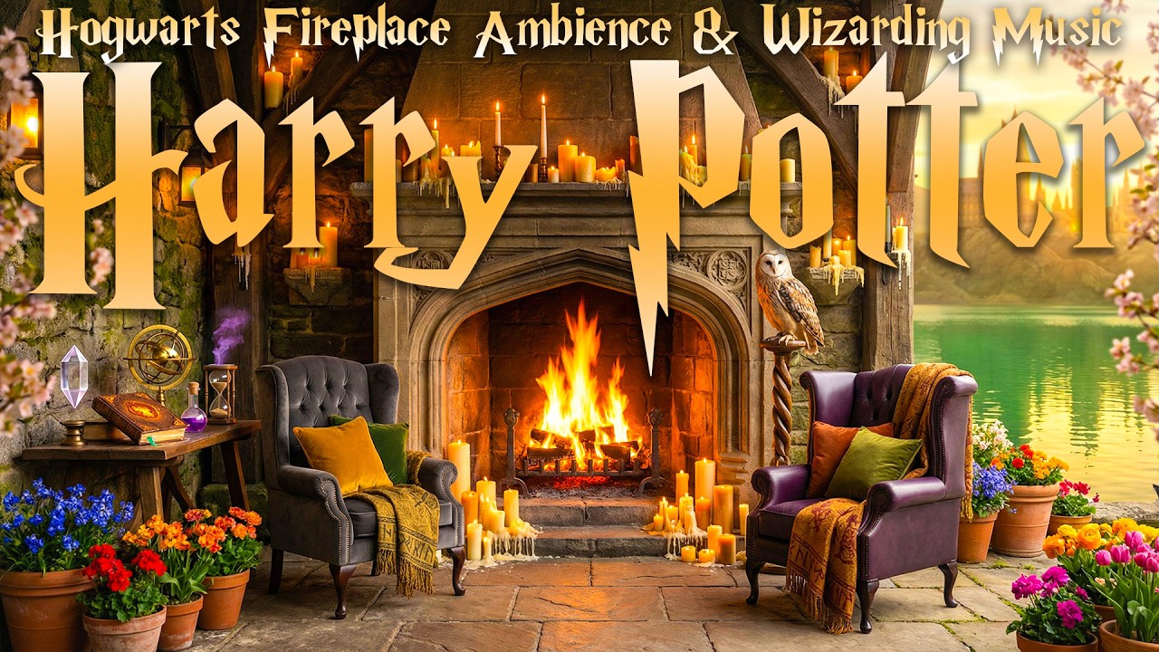 Enchanted Spring Morning at Hogwarts 🌿 Lakeside Stone Porch Fireplace Ambience | Harry Potter Music