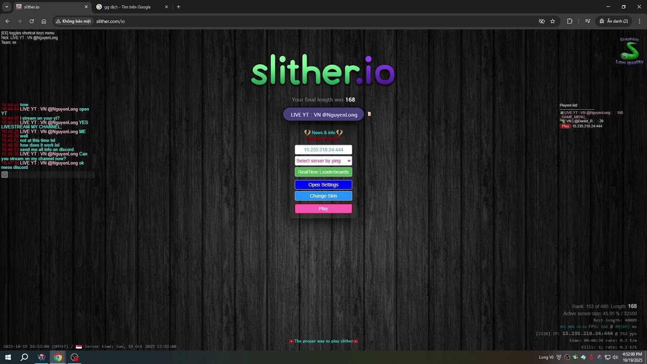 【Slither.io】Live Stream 19.10.25 ::: VN TEAM SLITHER