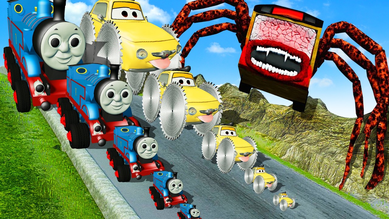 Big & Small Thomas & Luigi Saw Car vs Spider Train Downhill Race – BeamNG.drive