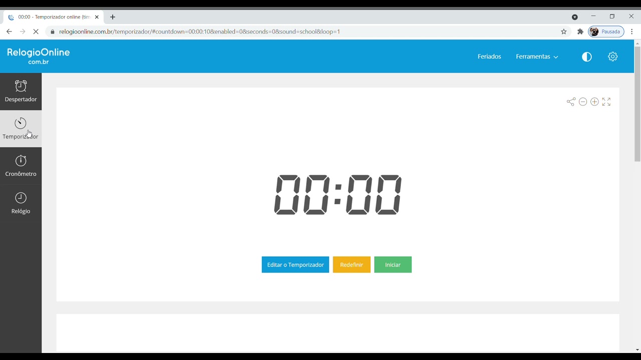 Rel&oacute;gio online com temporizador