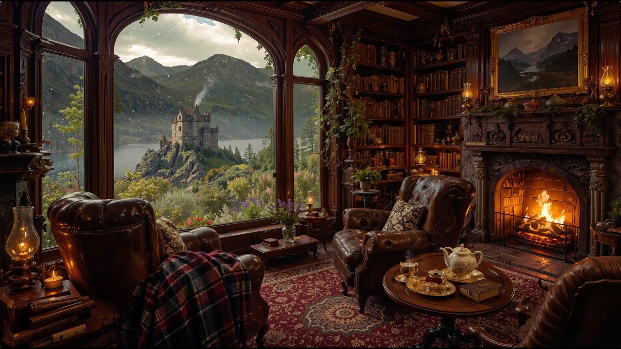 Scottish Highlands Ambience | Cozy Gothic Library, Celtic Folk Music, Fireplace & Rain Sounds
