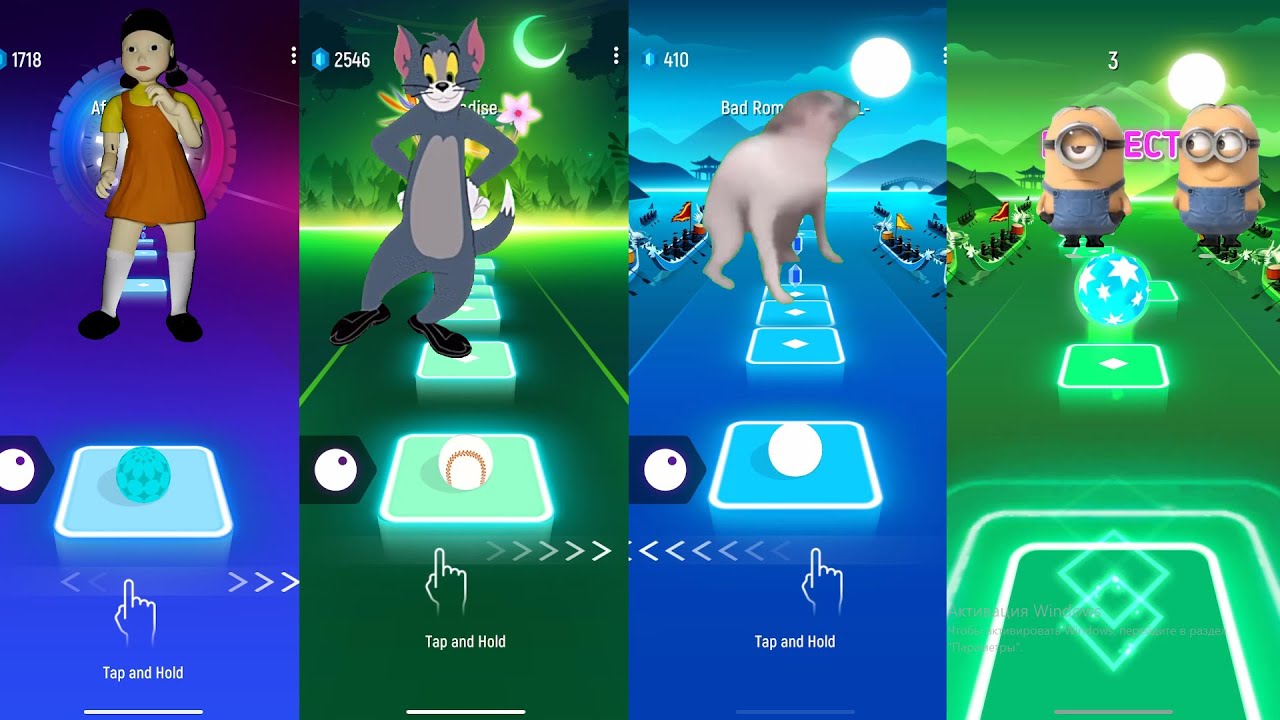 SQUID GAMES DOLL 🆚 TOM 🆚 MINIONS 🆚 DANCE CAT  |  TILES HOP MANIA