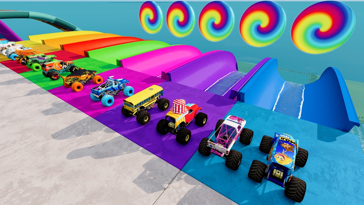 Monster Trucks vs Water Slides Colorful and Jumping Through Portal Trap Challenge BeamNG Random