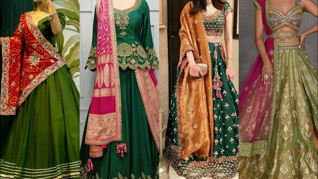 Green lehenga with contrast colour dupatta | Green lehenga colour combination