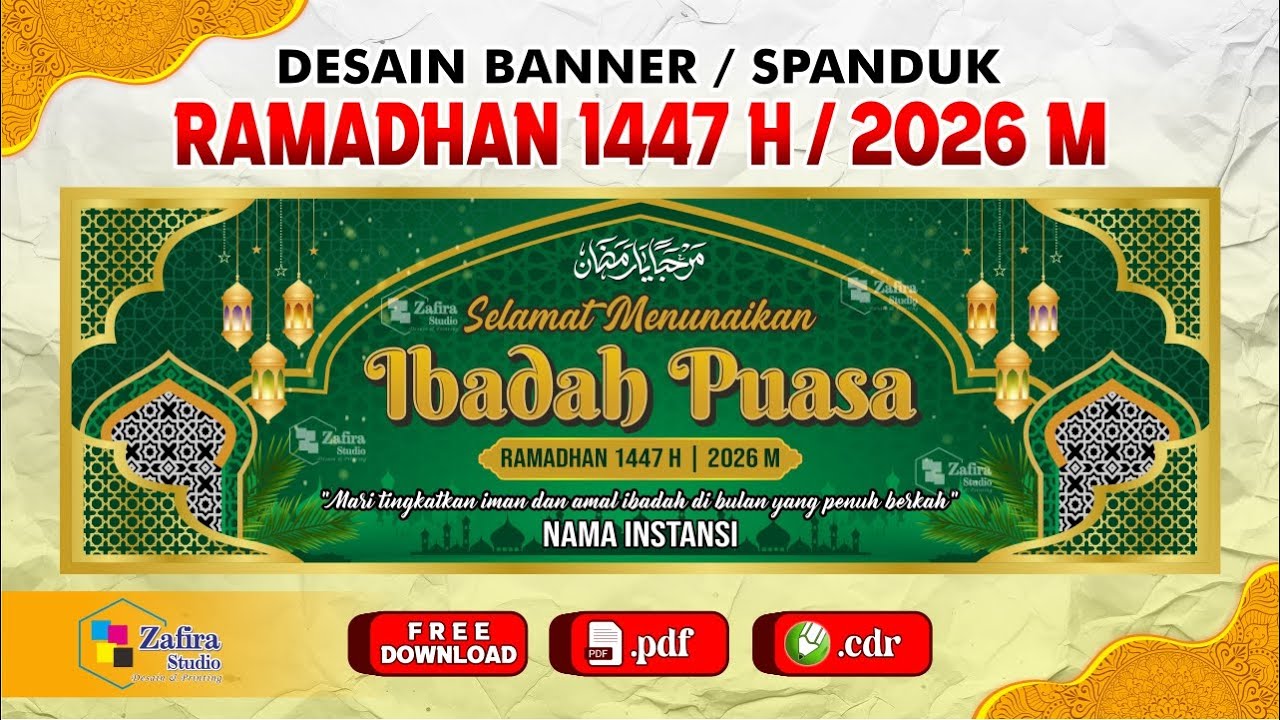 Desain Spanduk / Banner Puasa Ramadhan 1447 H / 2026 M - Zafira Studio - Grapich Design (FREE CDR)