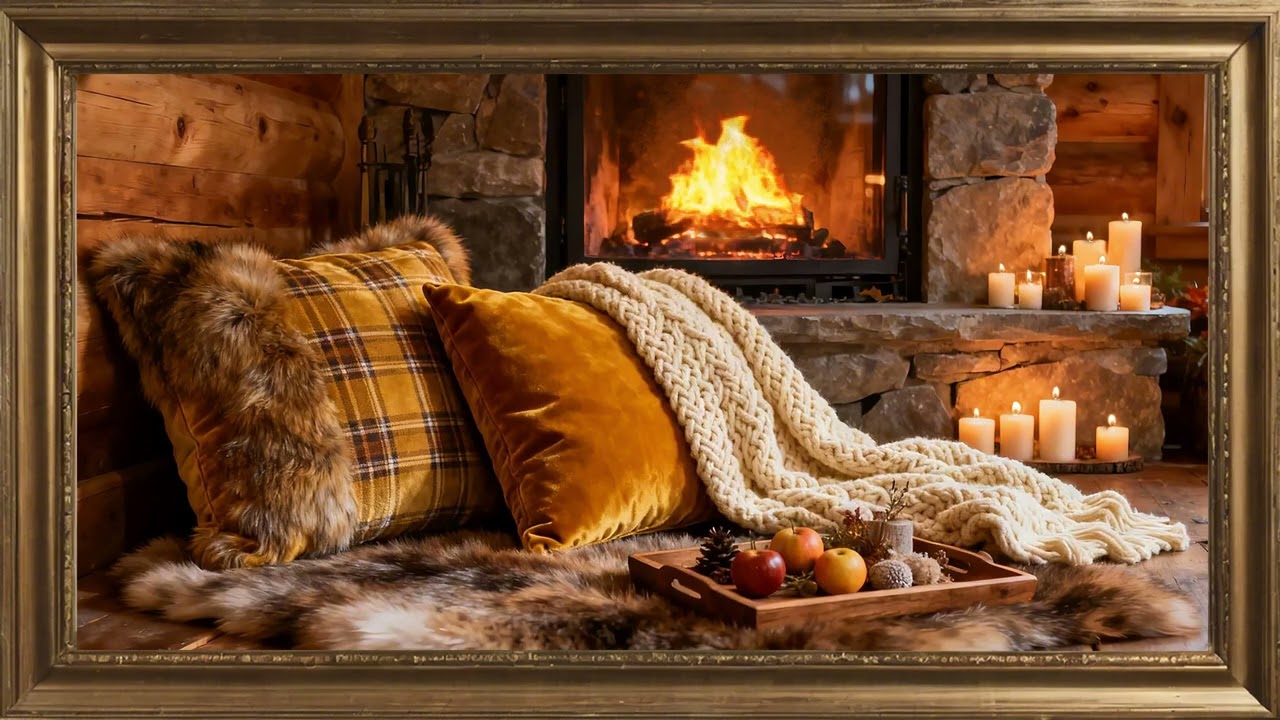 Rustic Fireplace with Candlelight. Gold framed Vintage art screensaver. 4k TV Painting background.
