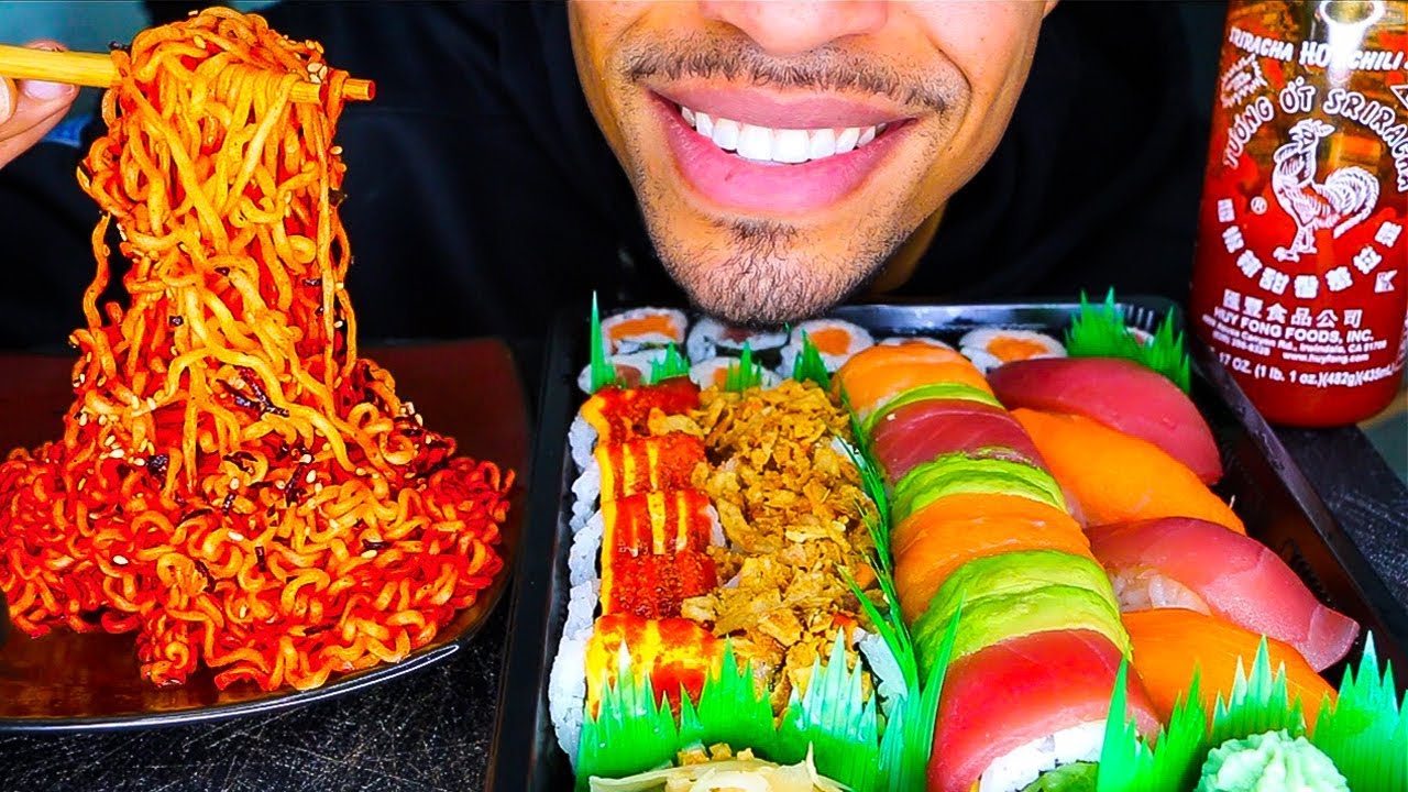 ASMR EXTREME SPICY NOODLES AND SUSHI SASHIMI PLATTER CHALLENGE *ASMR GONE WRONG* WORST SUSHI EVER