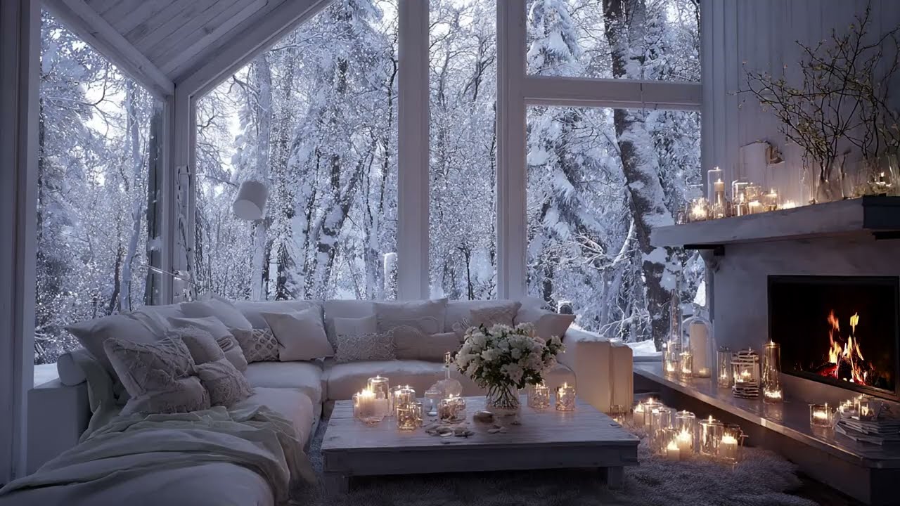 Cozy Cabin Serenity: Peaceful Piano Music with Fireplace and Snow for Anxiety Relief