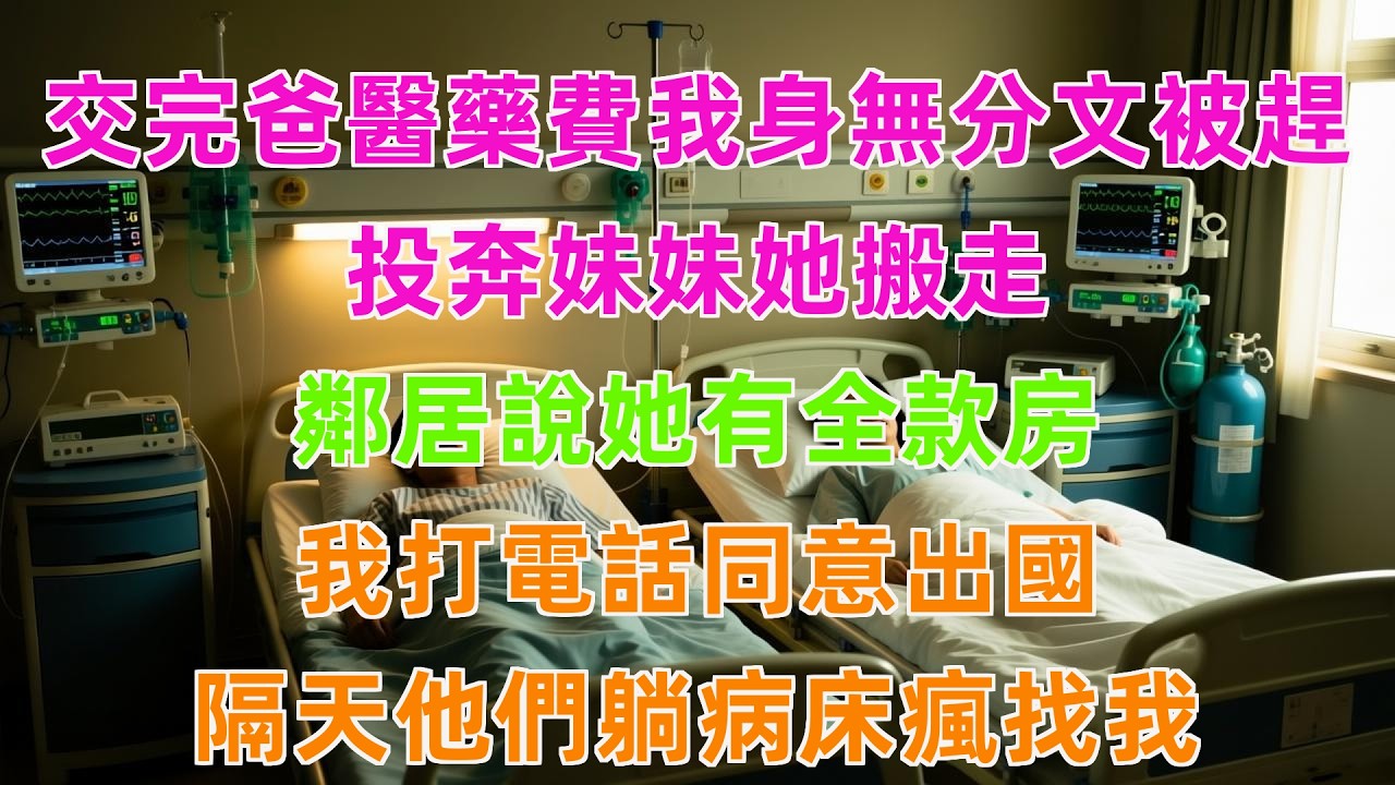 交完爸醫藥費我身無分文被趕，投奔妹妹她搬走，鄰居說她有全款房，我打電話同意出國，隔天他們躺病床瘋找我！
