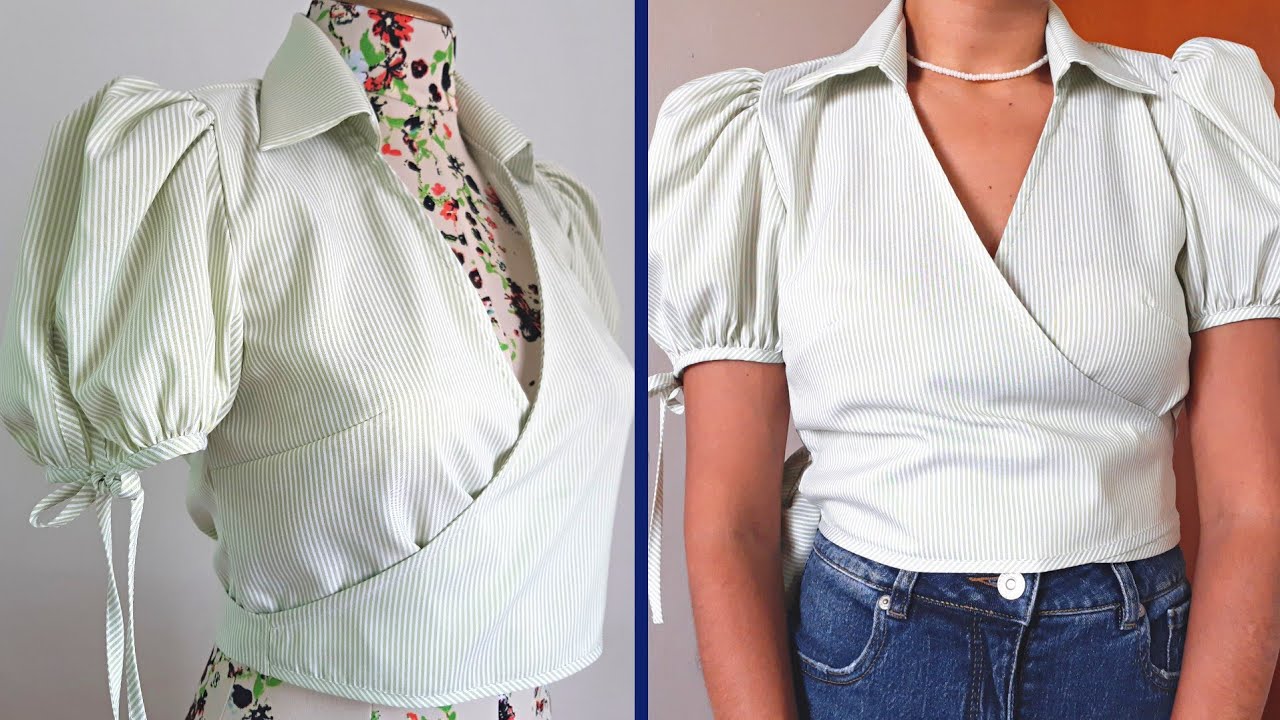 BLUSA CRUZADA CON CUELLO • MANGA GLOBO CORTA 🎈