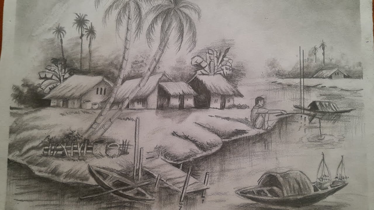 Drawing a scenery with pencil shading 