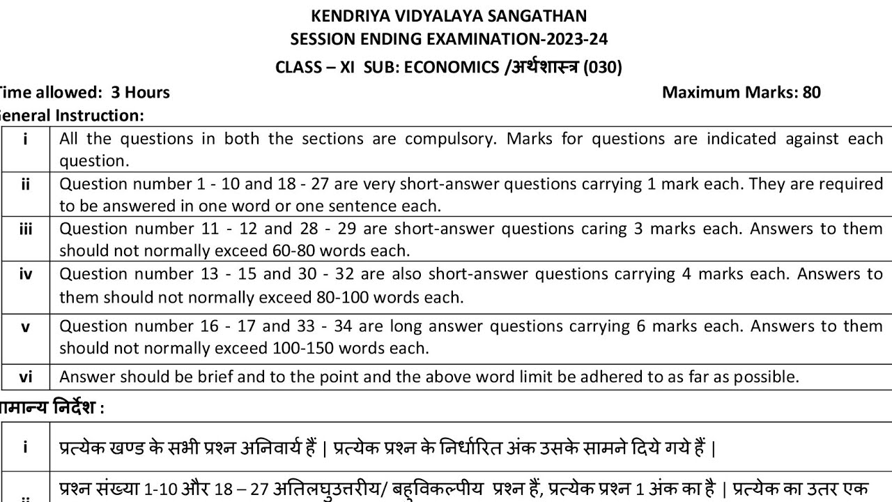 CLASS-11 ECONOMICS / Annual Exam 2024 Sample Question Paper TERM-2 / KV CBSE / Kendriya Vidyalaya