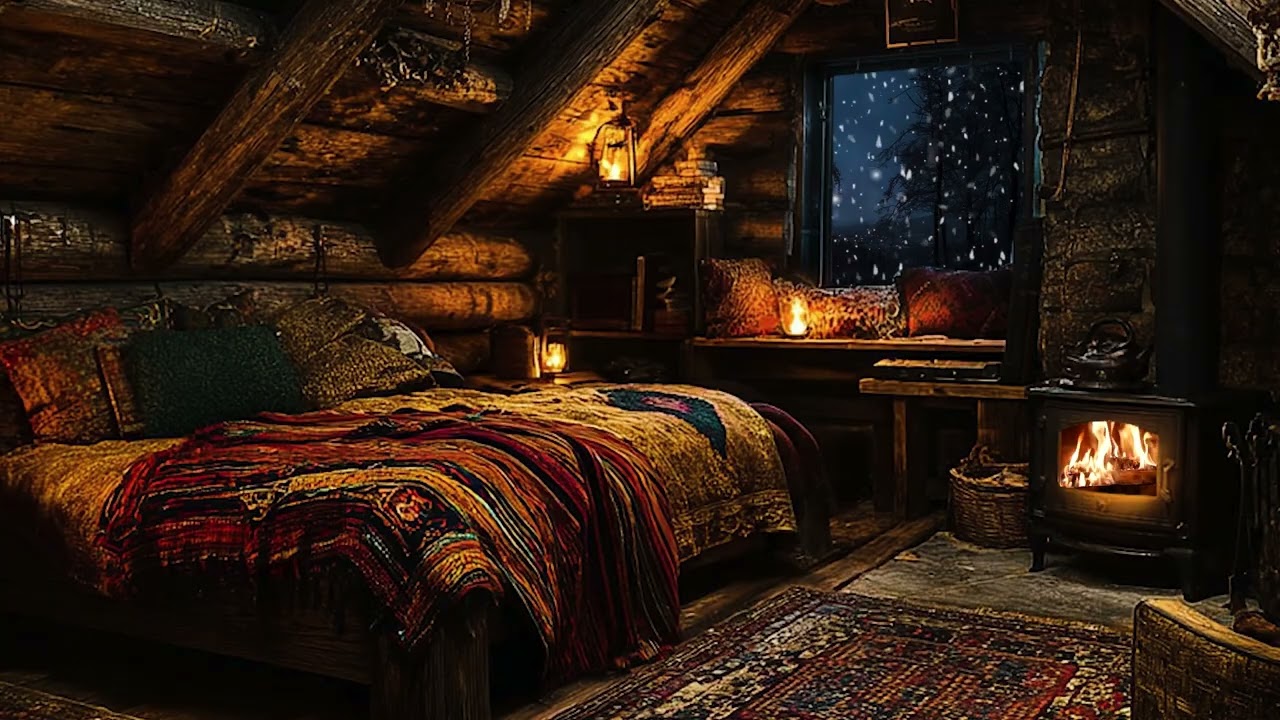 Snowy Night & Soothing Fireplace❄️ Cozy Indoor Cabin Ambience for Reading, Relax & Sleep