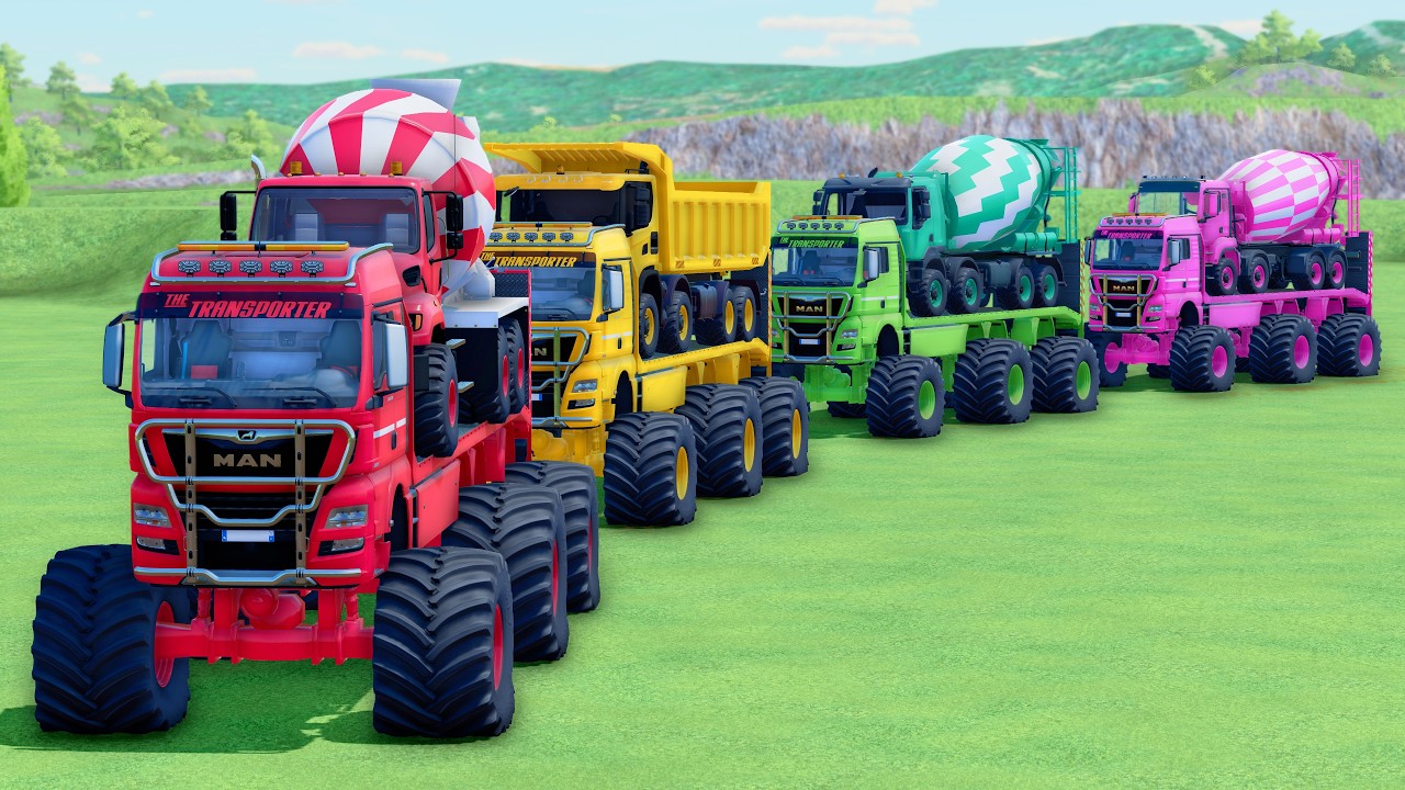 MONSTER FLATBED TRUCK LONG CONVOY TRANSPORT OF COLORS! ALL MIXER TRUCKS, SCANIA, MAN, RENAULT - FS25