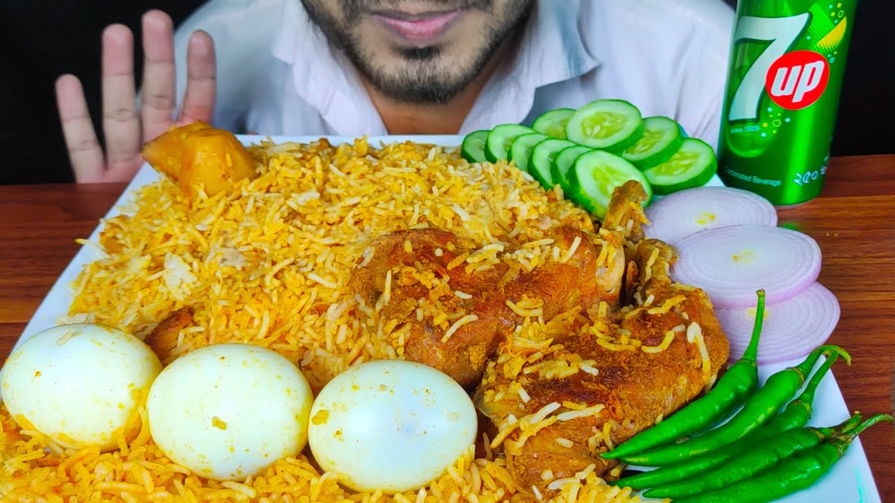 EATING CHICKEN BIRYANI, BOILED EGGS, CHILI, ONION, 7UP & CUCUMBER | REAL EATING SOUND *MUKBANG*