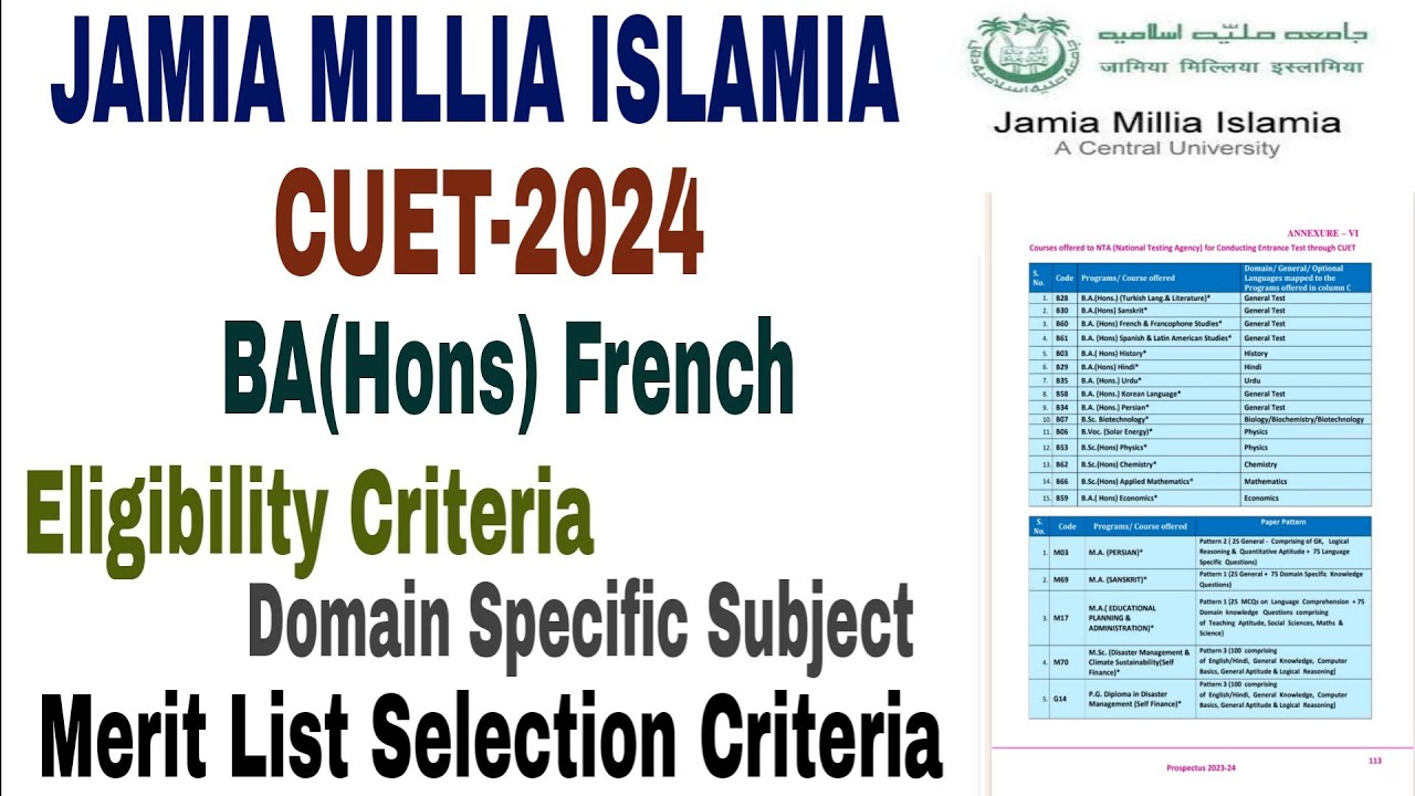 JAMIA MILLIA ISLAMIA BA(Hons) French CUET-2024-25 Eligibility Criteria, Cut Off, admission 2024