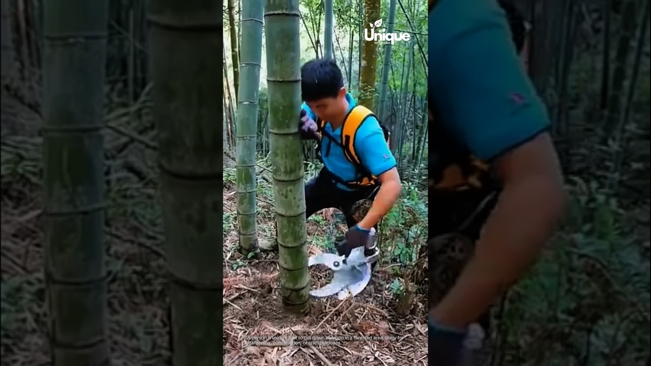 Using a tool to cut down bamboo in a forested area