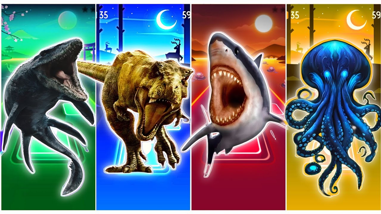 JurassicWorldMosasaurus🆚The Tyranosaurus🆚TheMegalodon🆚The Kraken CoffinDance Song Tiles Hop Edm Rush