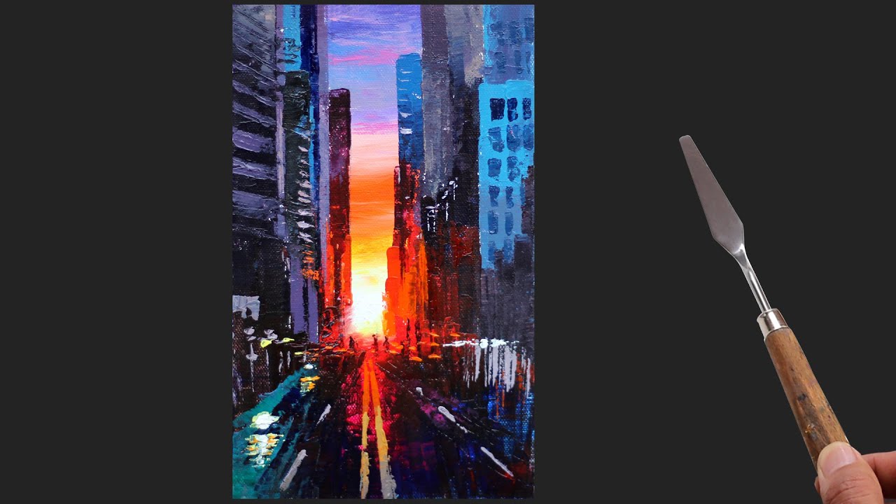 Abstract Cityscape Painting Easy / Acrylic Sunset painting tutorial / Day 