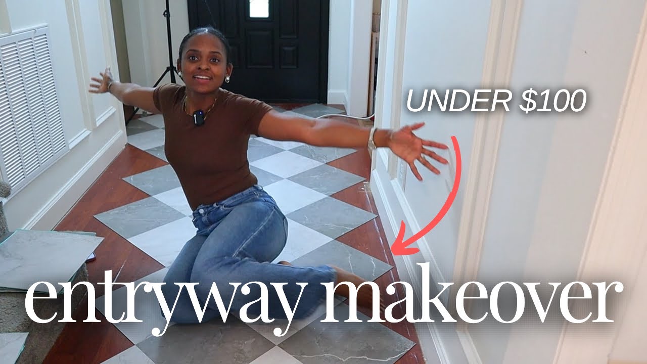 ENTRYWAY MAKEOVER | I Gave My Entryway a $100 Glow-Up | DIY Peel & Stick Checkerboard Tiles | EP. 4