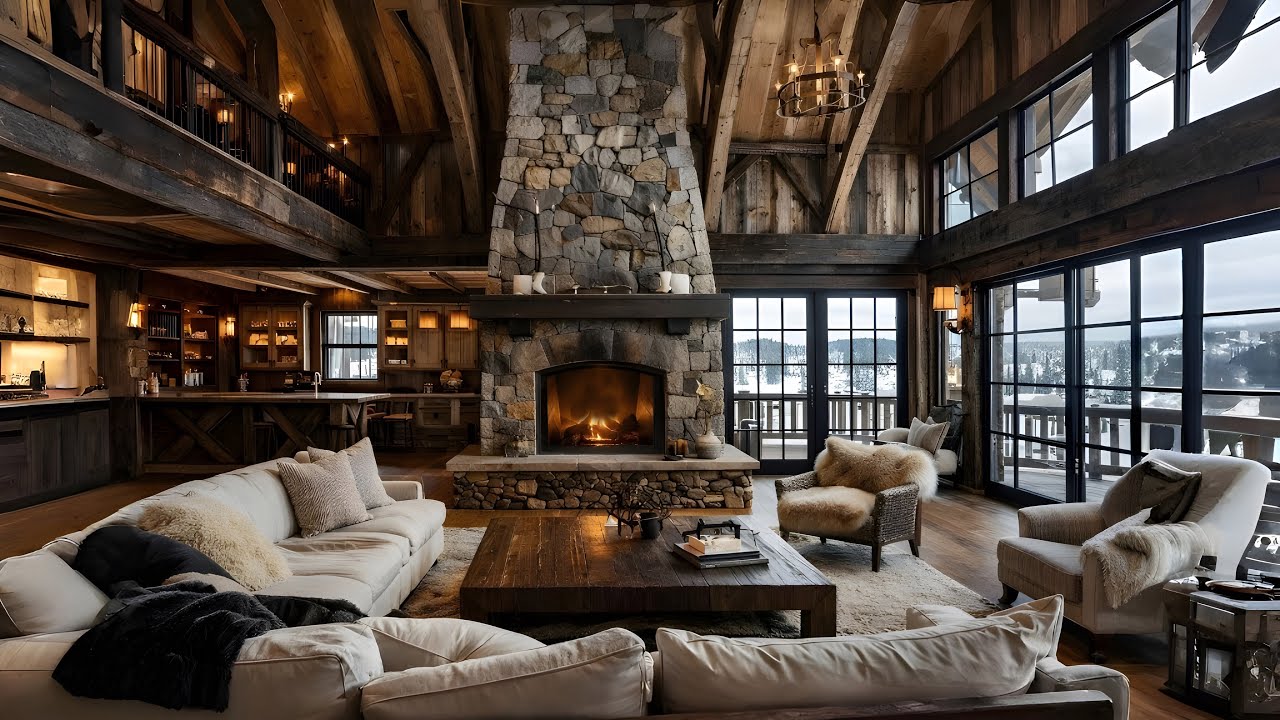 Cozy Winter Cabin Fireplace Ambience  | Warm Living Room, Snowy Mountain View, Relaxing Atmosphere