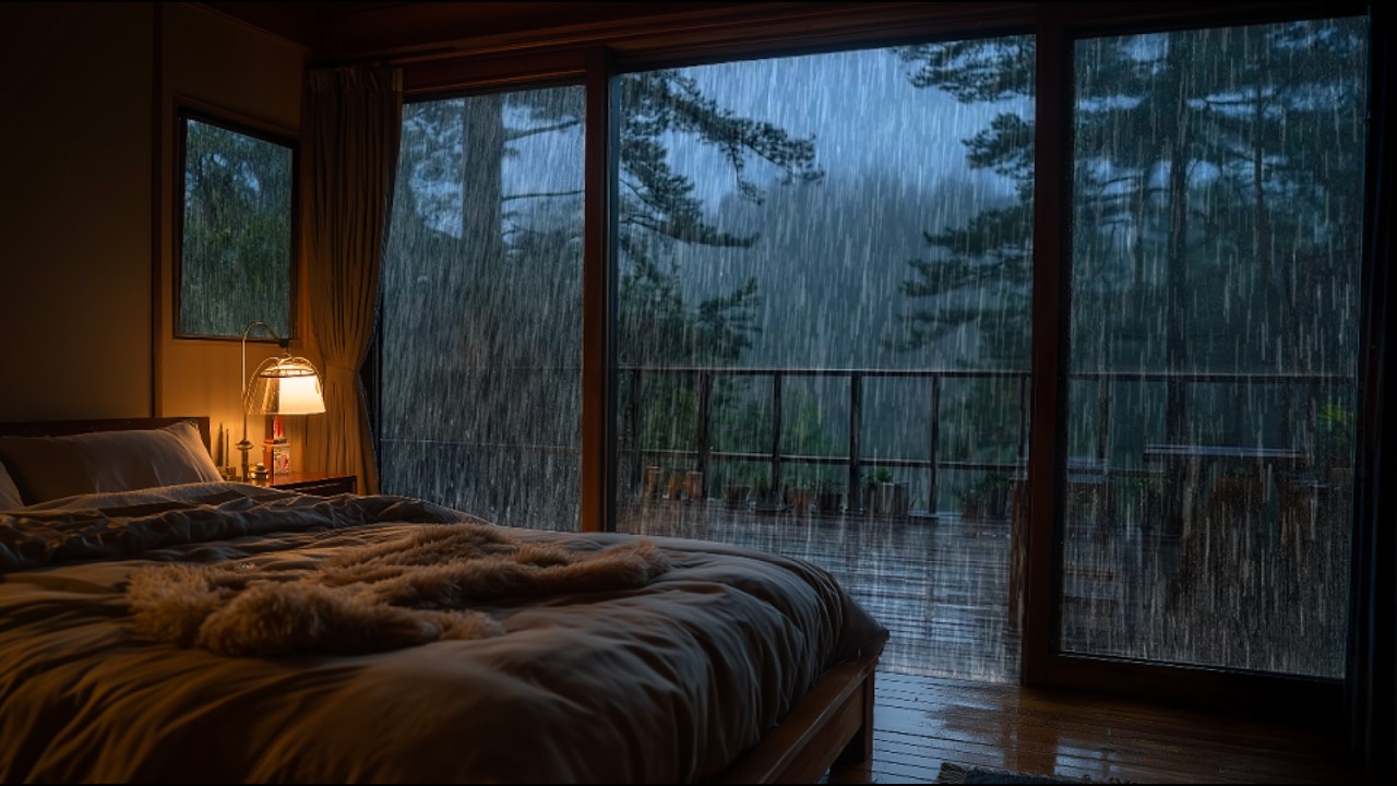 Легкий дождь в туманной горной спальне🌧️ Дождь на террасе для крепкого сна и атмосферы «синего часа»