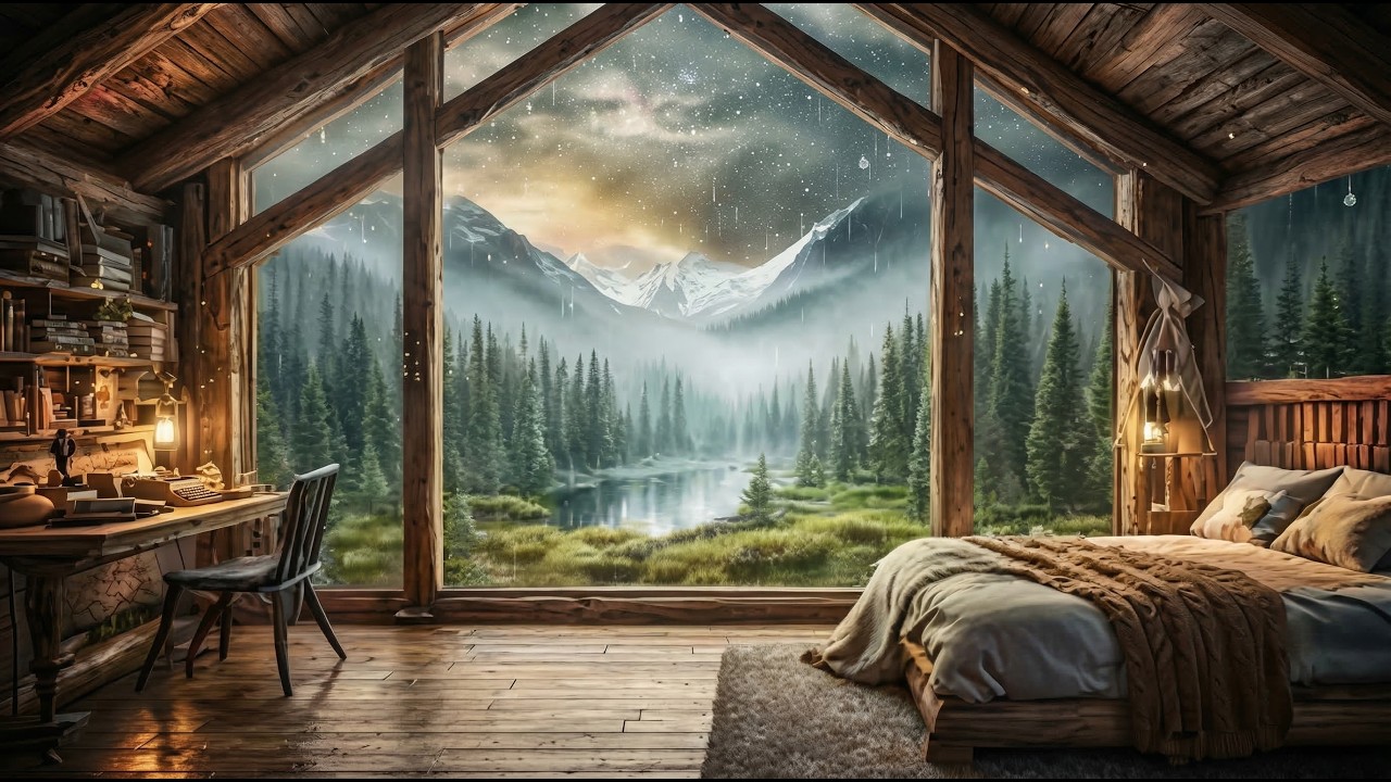 Nature Relaxation – Beautiful Mountain Lake with Soft Rainfall Sounds 