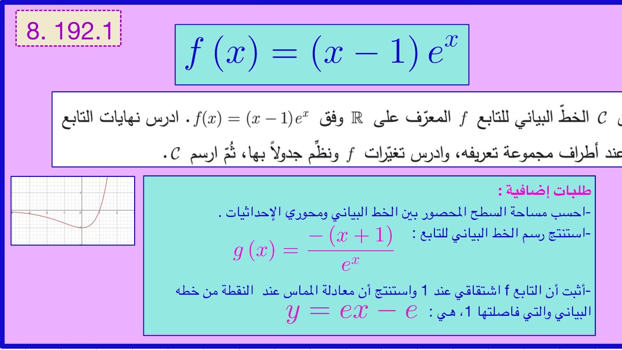 دراسة تغيرات تابع خطي مضروب بتابع أسي ، حل التمرين 8.192.1مع طلبات إضافية هامة.
