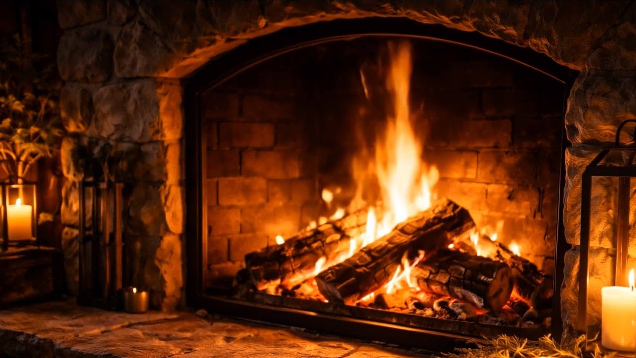 9 Hours Fireplace Ambience 🔥 Cozy Crackling Fire + Rain Sounds | Sleep / Study / Relax