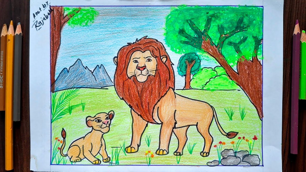 The Lion king Drawing||little Simba and Mufasa drawing||Forest Scenery Drawing
