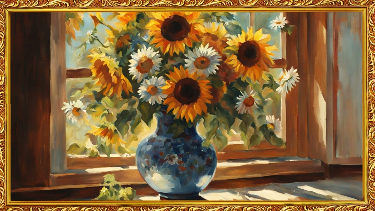 Gold Frame Sunflower Painting. 2k Frame TV Art.  2 Houres Vintage wall Art