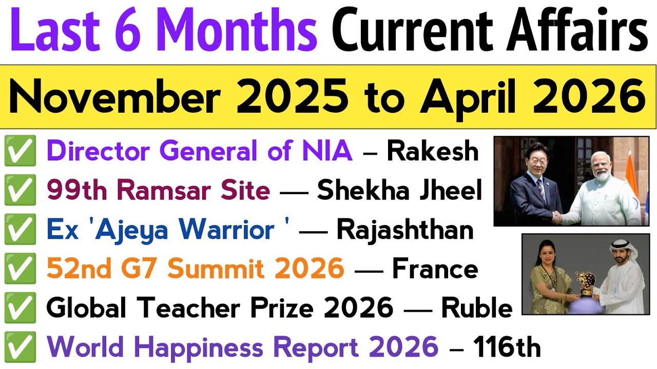 Last 6 Months Current Affairs 2026 | November 2025 To April 2026 | Current Affairs 2026 Revision 