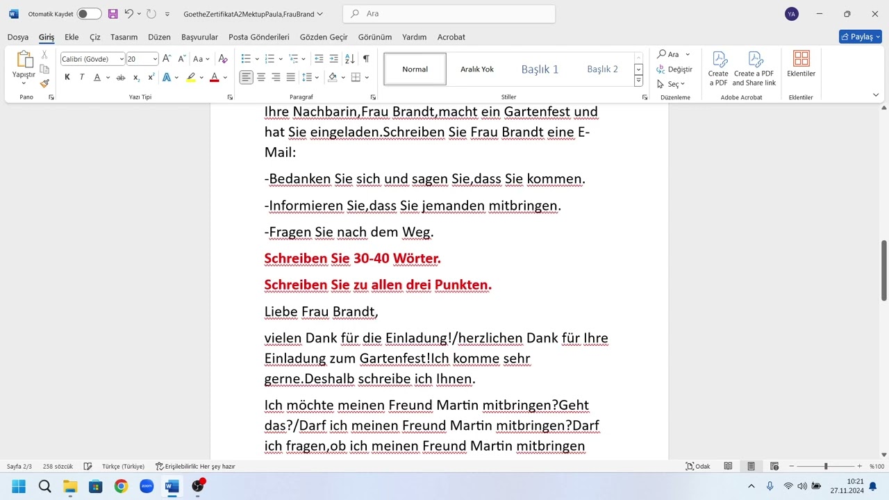 Almanca Goethe Zertifikat A2 Sınavı Mektup Örneği 3/4