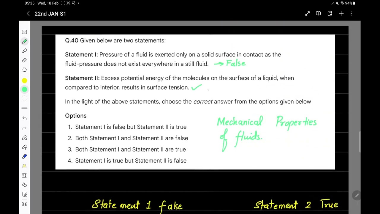 JEE Mains 2026 Physics Solution | 22nd Jan Shift 1 | Q40 Fluid Mechanics: Pressure & Surface Tension