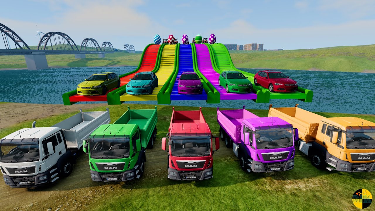 Small Cars vs Silde Color - Flatbed Trailer Truck Car Rescue - BeamNG.Drive MK