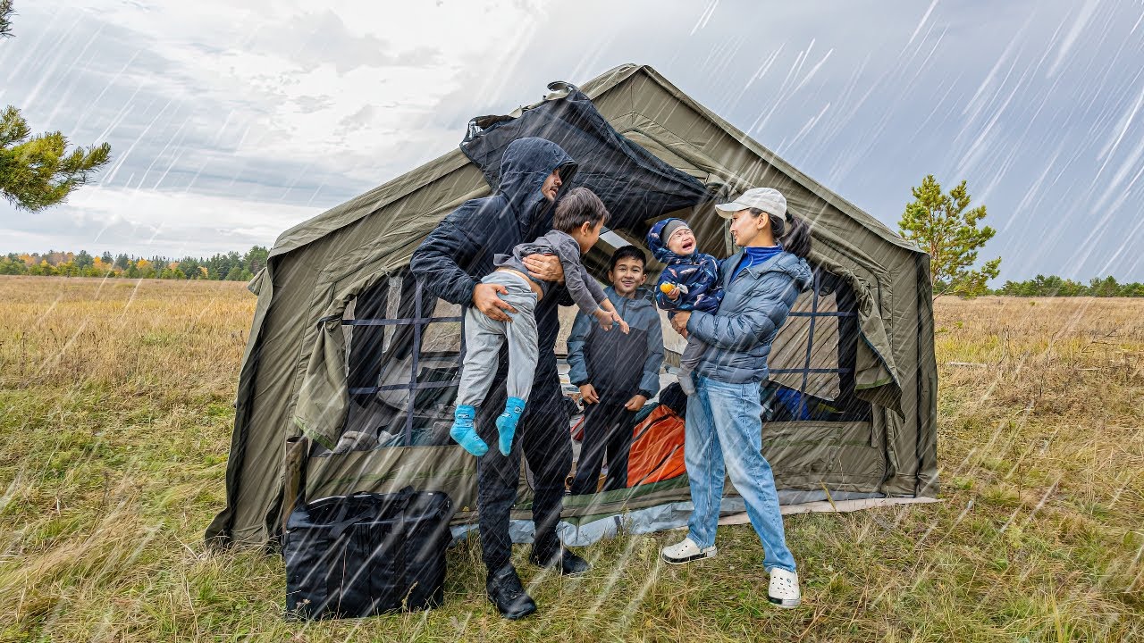 Camping in Heavy Rain with Three Kids &middot; Perfect Hot Tent &middot; Wood Stove ASMR