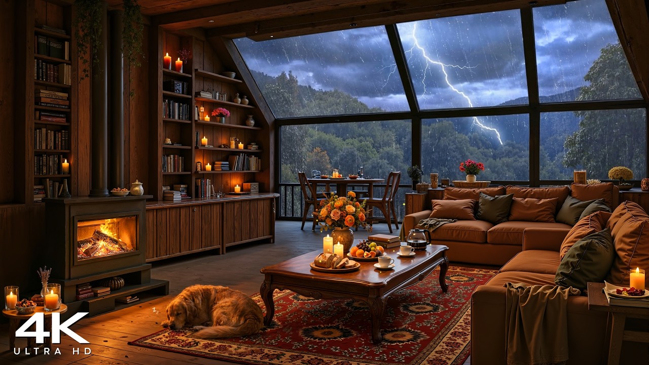 [4k] Late Night in Wooden Rustic Cabin 🌧️ Soft Piano Jazz with Rain Sounds & Thunder for Sleeping