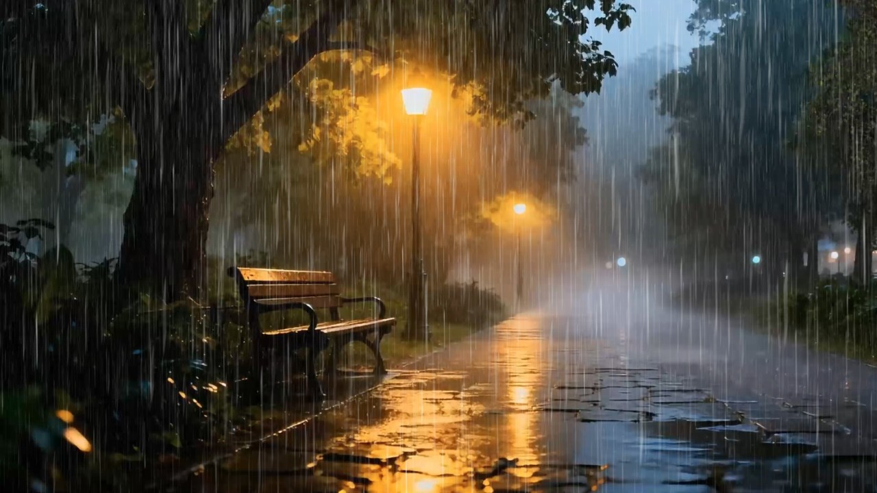Heavy Rain Sounds at Night Near Quiet Urban Recreation Park for Insomnia Relief | Cool Calm ASMR