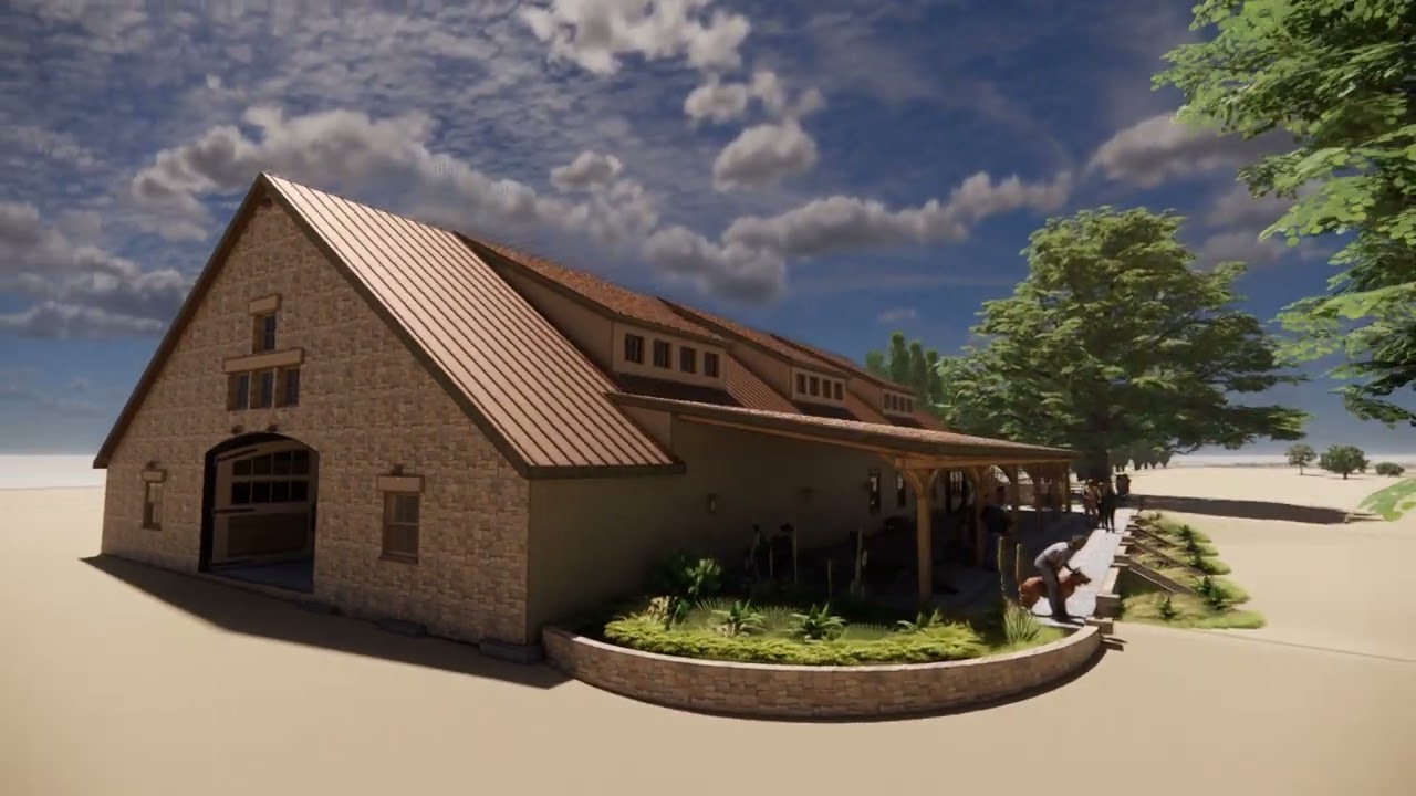 New Energy Works Timber Frame Horse Barn for Wild Horse Ranch — Fly Through