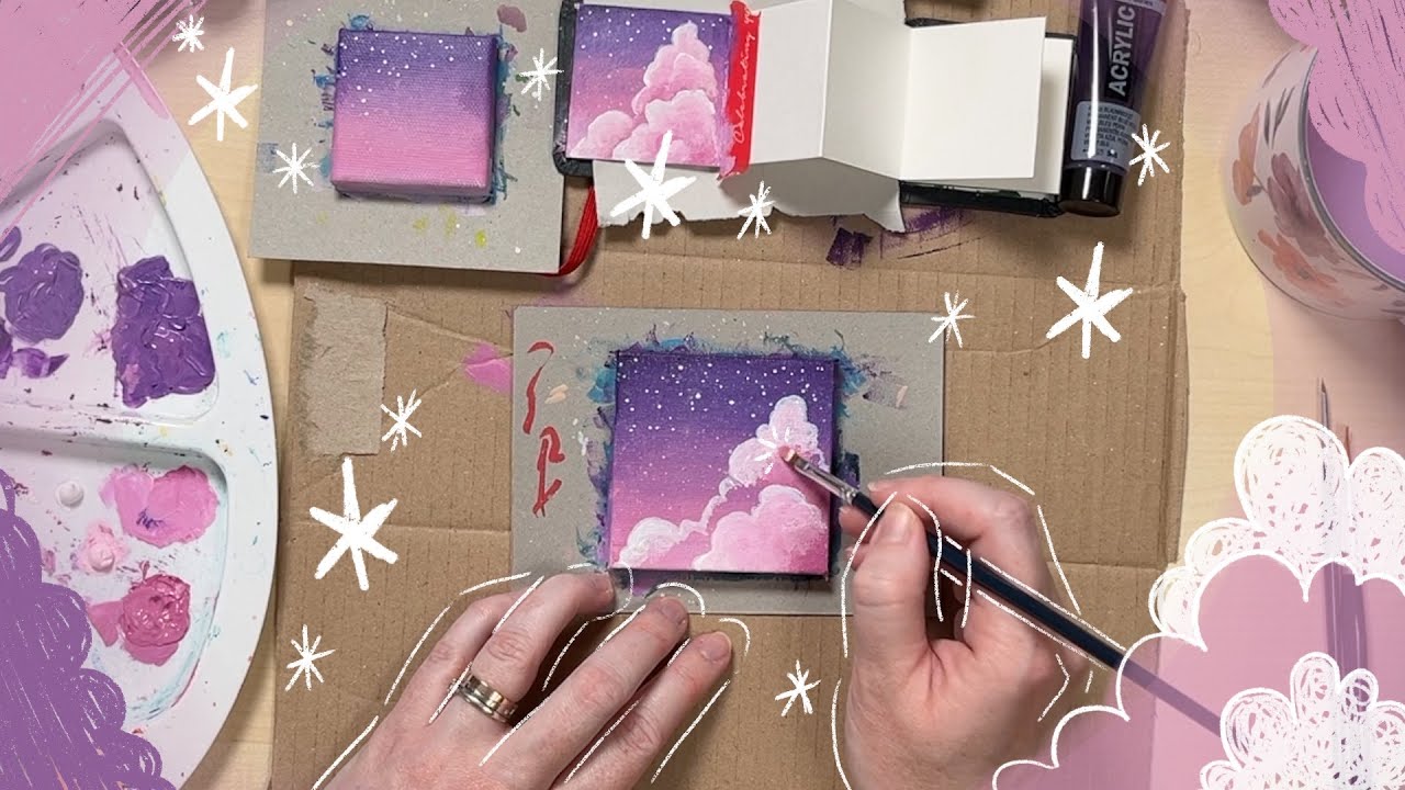 Malen mit Acryl #02 | rosa Fantasie-Himmel auf Mini-Leinwand