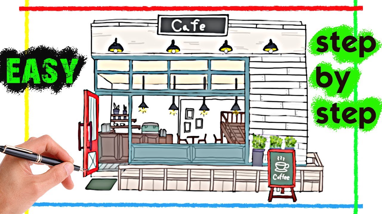 How To Draw a  Cafe / Coffee Shop in One Point Perspective Step By Step