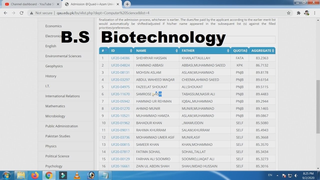 Quaid-e-Azam University | B.S Biotechnology Fourth Merit List 2020