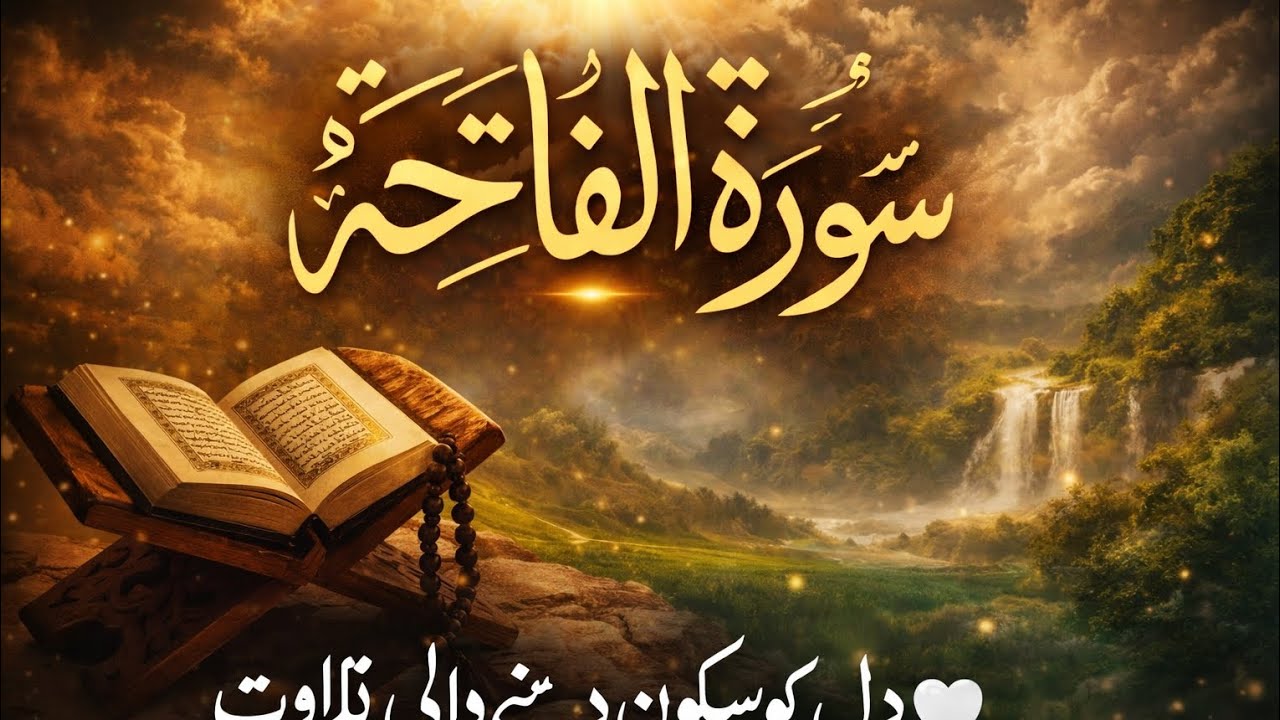 Surah Al-Fatihah, glowing Quran, peaceful divine light, emotional Islamic atmosphere, cinematic, 4K